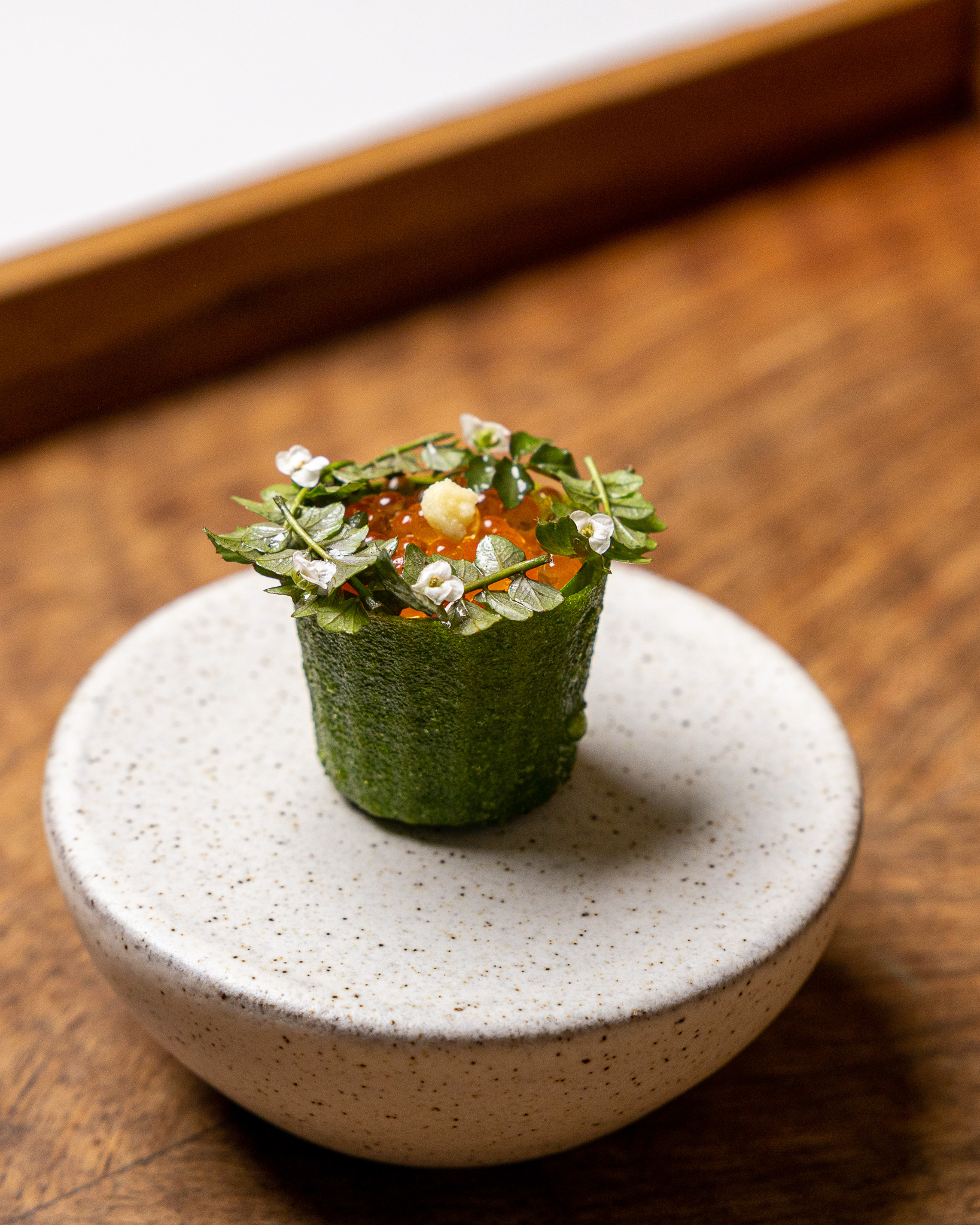 Spinach croustade with sea urchin, trout roe